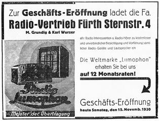 Affiche RADIO-VERTRIEB FURTH 1930 GRUNDIG et WURZER